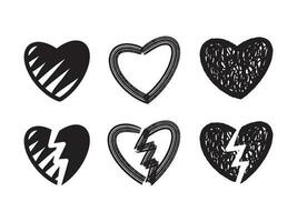 Vector heart sketch doodle illustration set with broken heart shape. Set of hand drawn hearts. Black and white monochrome collection.Web