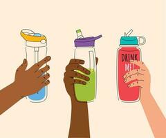 Reusable container for liquids. Various poses of hands holding a bottle, tumbler, sports water bottle. Use your own bottle. Vector, retro colors. vector