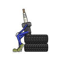 Cartoon character of spark plug sitting on a pile of tiresl. Tire service concept illustration. vector