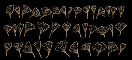 Set of gold, jewelry, shiny Ginkgo Biloba leaves on black background. vector