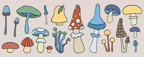 Vector Magic mushroom doodle set, fall fungus forest harvest, mystery fairy ingredient, isolated natural set collection