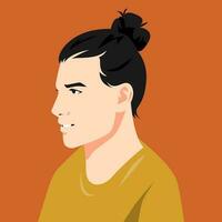 avatar of handsome young man wearing hair bun. side view. vector illustration.