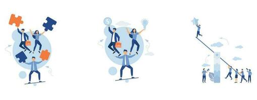 Business concept, people are juggling puzzle elements, Symbol of teamwork, good balance between idea, time and work,  teamwork to get a star from the sky, achieving success, vector