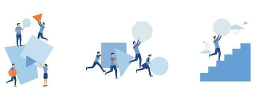 A team of people assemble an abstract geometric puzzle, Concept of innovation in business, winning strategy, Businessman pushing sphere and leading the race, set flat vector modern illustration