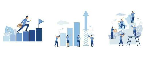 the path to the target's achievement, prepare the launch of a business project. rise of career to success, little people climb the corporate ladder, set flat vector modern illustration