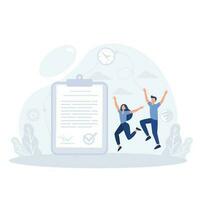 Credit agent holds loan approval application document with approved stamp in hand , flat vector modern illustration