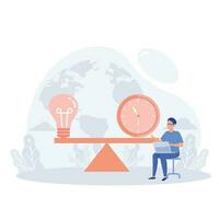 Balance between time and cost of an idea. Mechanical scales with clock and light bulb in pans, flat vector modern illustration