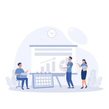 People work together making a plan on a board, mark tasks, track execution of tasks. Working process, teamwork communication, flat vector modern illustration