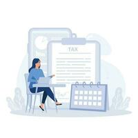 Characters using tax calendar to filling tax declaration form online and with financial advisor. Taxation planning concept, flat vector modern illustration