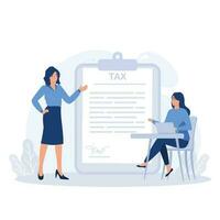 Characters using tax calendar to filling tax declaration form online and with financial advisor. Taxation planning concept, flat vector modern illustration