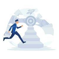 Business concept growth to success, Businessman running up stairway to the target, flat vector modern illustration