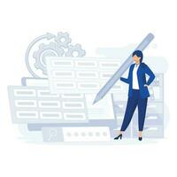 woman working with big data and databases, Office worker making analysis and report with spreadsheets on computer, flat vector modern illustration