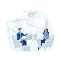 job interview concept, Jobseeker and employer sit at the table and talk. Good impression. flat vector modern illustration