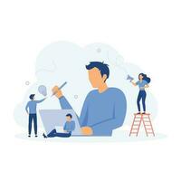 People workers searching for new ideas and decisions rising career to success filled with thoughts and ideas, flat vector modern illustration