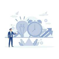 Balance between time and cost of an idea, Mechanical scales with clock and light bulb in pans, flat vector modern illustration