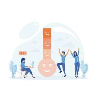 Thermometer as stress level scale emotions, mood, Fully charged active mentally healthy employee,  flat vector modern illustration