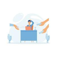 Multitasking and Time Management Concept. Business Man Surrounded by Hands with Office Things,  flat vector modern illustration