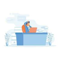 deadline concept, Manager sitting at computer desk with stack of documents,  flat vector modern illustration