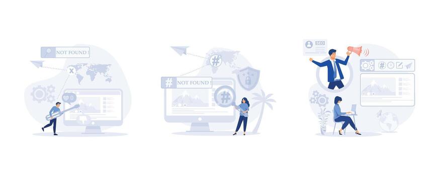 Blog promotion mistake, Ineffective keywords analysis, Content production without SEO content audit, set flat modern vector illustration