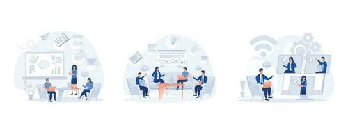 business workflow, Corporate business team having a meeting in a virtual office room, remote work and teamwork concept, set flat modern vector illustration