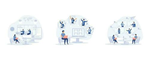 Woman at desktop chatting with friends online, Online Discussion and Video Conference Concept, team thinking and brainstorming, set flat modern vector illustration