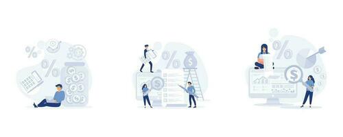Calculation, bookkeeping investment money concept, Graphs and Charts Counting Money Refund. Financial Consulting. set flat vector modern illustration