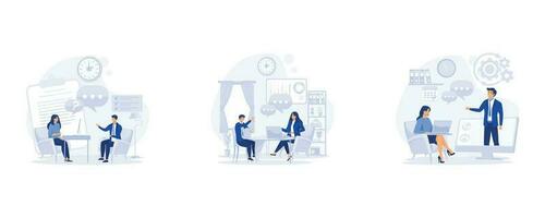 Job interview, Woman having a job interview with Businessman HR. Online interview, set flat vector modern illustration