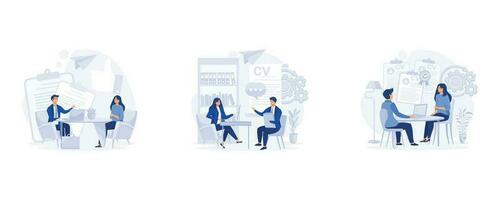 job interview, recruitment or hiring. HR specialist having an interview with job applicant,  interview background, set flat vector modern illustration