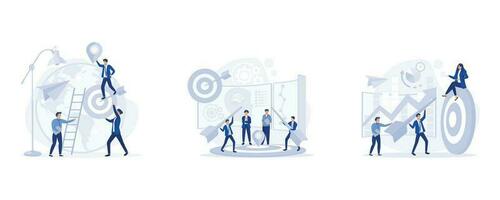 teamwork  concept, setting the right marketing target. Data analysis purchaser, company goals promotion, set flat vector modern illustration