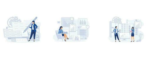 Man working with big data and databases, office workers are studying the infographic, set flat vector modern illustration