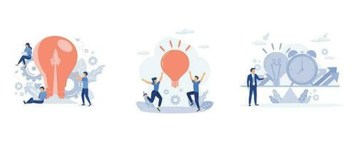 Idea Startup, people try to find best idea, Balance between time and cost of an idea, set flat vector modern illustration