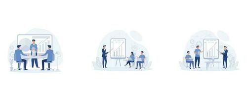 business workflow concept, teamwork having a   meeting,  business presentation. digital workspace, set flat vector modern illustration