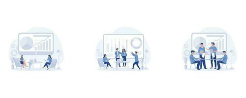 teamwork concept, discussing start-up, team applaude at office meeting, set flat vector modern illustration