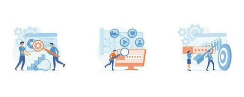 Seo targeting and performance concept, marketing and seo strategy, market trends and planning seo optimization, set flat vector modern illustration