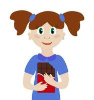 Girl hold chocolate bar. Happy cute smiling child. Vector flat illustration.