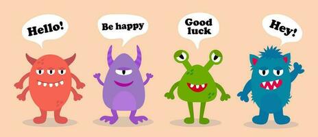 Cartoon funny monsters with text. Set of cute monsters for kids design. Be happy. Good luck. Vector flat illustration.