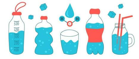 Drink water. H2O set. Sport bottles, glass, flask collection. Vector hand drawn flat illustration.