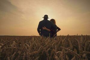 Man and woman are standing in their agricultural field in sunset. They are cultivating wheat and enjoying good agricultural season. photo