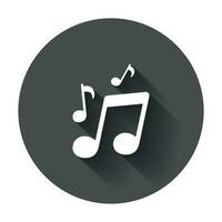 Vector music icon. Sound note illustration on black round background with long shadow.