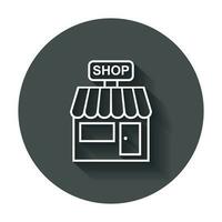Store vector icon. Shop build illustration on black round background with long shadow.