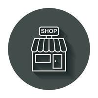 Store vector icon. Shop build illustration on black round background with long shadow.