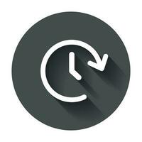 Clock tome vector icon. Timer 24 hours sign illustration on black round background with long shadow.