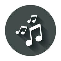 Vector music icon. Sound note illustration on black round background with long shadow.