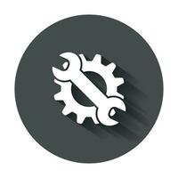 Service tools flat vector icon. Cogwheel with wrench symbol logo illustration on black round background with long shadow.