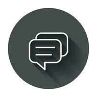 Speech bubble flat vector icon. Discussion dialog logo illustration. Business pictogram concept on black round background with long shadow.