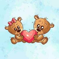 Two cute bears sitting carrying a heart cartoon vector