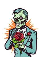 amor Nunca muere en esta único ilustración dónde romántico zombies abrazo en medio de un cama de floreciente rosas, un símbolo de eterno afecto vector