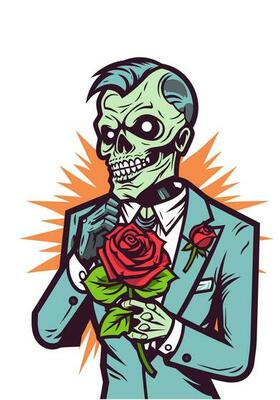 Love never dies in this unique illustration where romantic zombies embrace amidst a bed of blooming roses, a symbol of everlasting affection