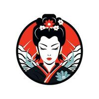 Intricately hand drawn Japanese geisha girl illustration, perfect for creating unique and visually stunning logo designs vector