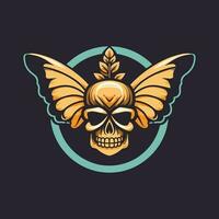 skull with butterfly wings illustration hand drawn logo design vector